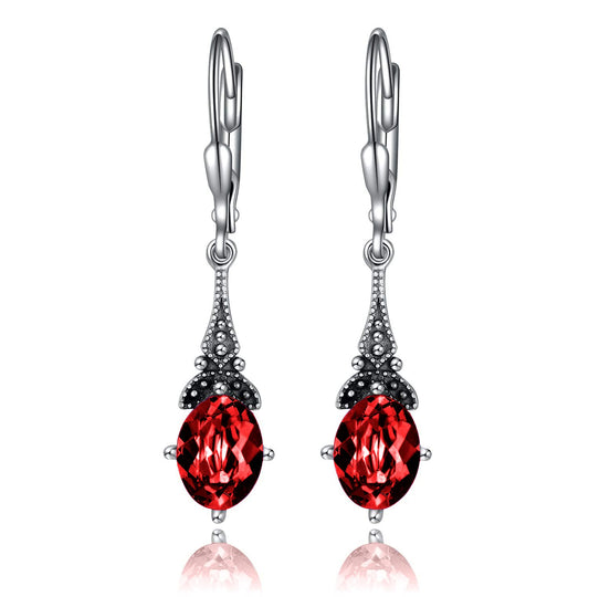 Vintage Leverback Ruby Earrings Sterling Silver Retro Drop Earrings with Oval Red Simulated Birthstone Crystal from Austria, Earrings Gifts Birthday Jewelry for Women