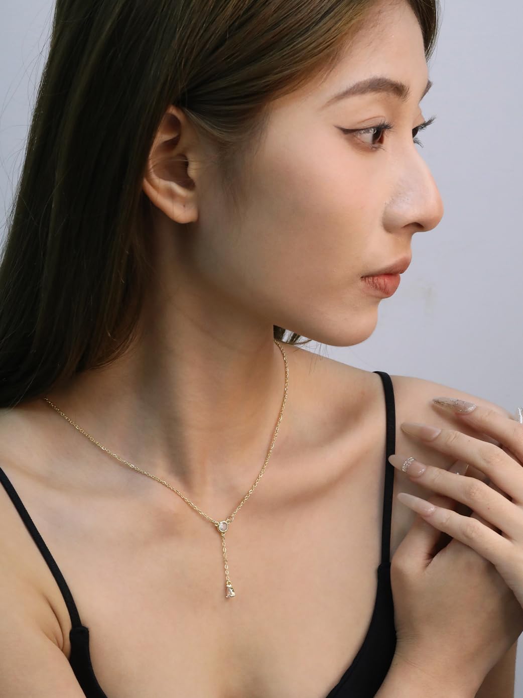LUXU kisskids Gold Pendant Necklace for Women, Dainty Lariat Y-Shaped Chain, Stainless Steel CZ Drop Chain Adjustable Hypoallergenic Jewelry Gift