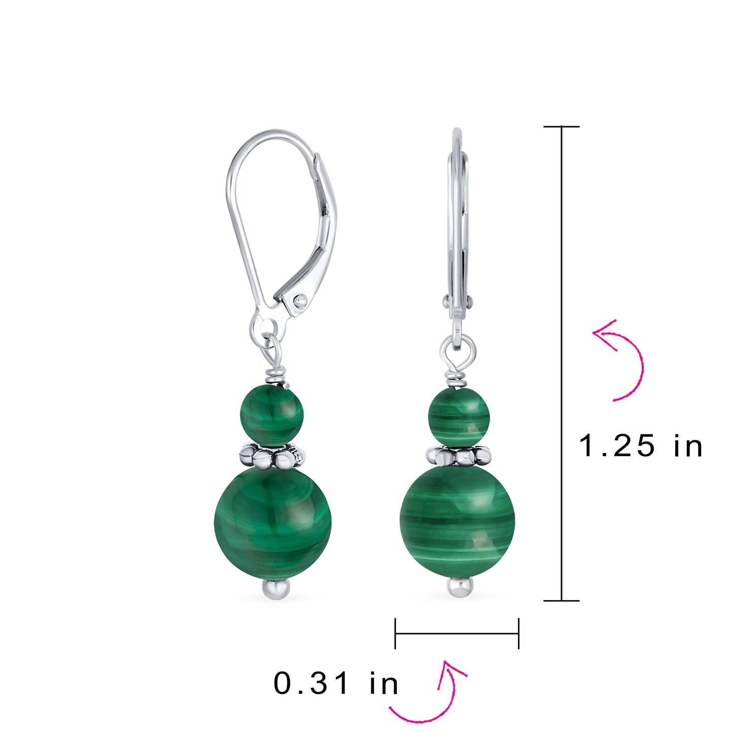 Bling Jewelry Bali Style .925 Sterling Silver Green Malachite Bead 3MM & 8mm Balls Drop Earrings Milgrain Rondel Separator Lever Back Genuine Gemstone