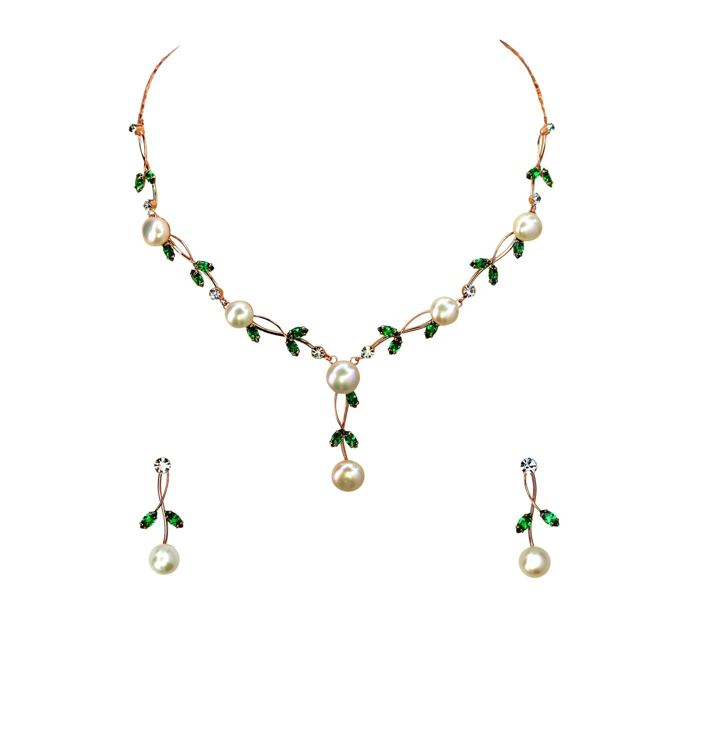 Faship Gorgeous Green CZ Crystal Genuine Freshwater Pearls Floral Necklace Earrings Set - Green/Rose Gold Plated