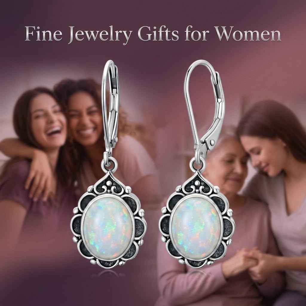 White Opal Drop Earrings for Women 925 Sterling Silver Vintage Oval 9x7mm Filigree Leverback Dangle Earrings, Gothic Victorian Antique Jewelry Gifts