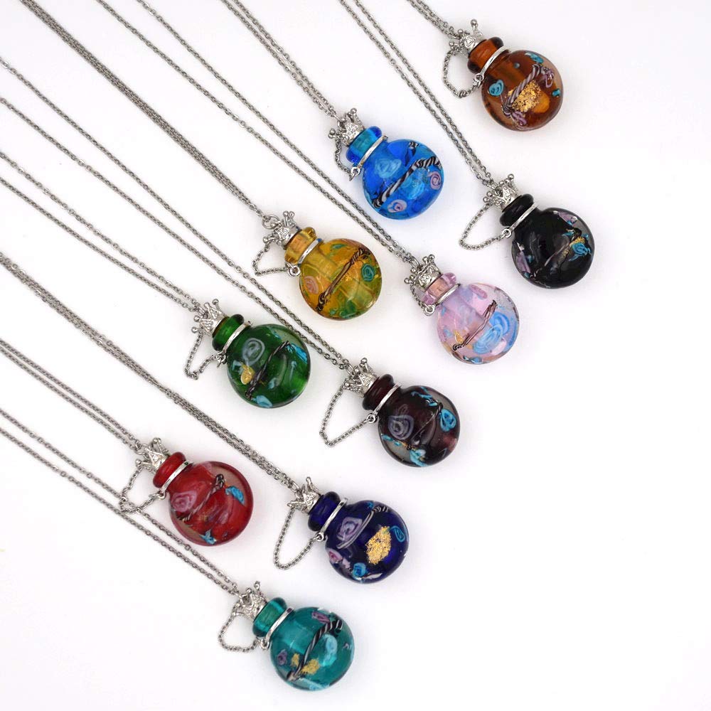 Stainless Steel Colored Glass Pendant Necklace Diffuser Perfume Pendant Aromatherapy Charms (Black)