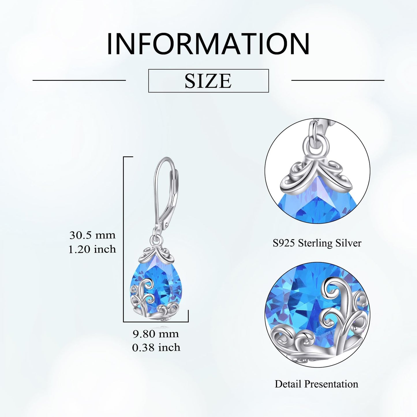 POPLYKE BirthStone Filigree Teardrop Drop Dangle Earrings Sterling Silver Leverback Earrings December Birthstone Jewelry Gifts for Women