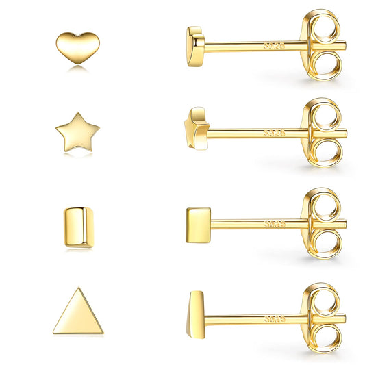 Sterling Silver Stud Earrings for Women Men- 4 Pairs of Hypoallergenic Simple Geometric Small Stud Earring Set Tiny Triangle Square Heart Star Stud Earrings Mini Cartilage Tragus Earrings, Gold