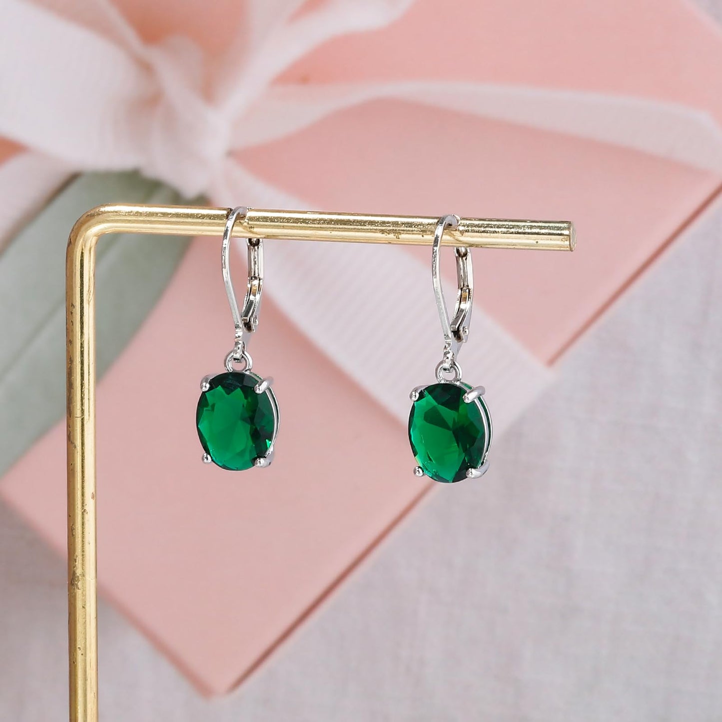 CiNily Cut-Oval Leverback Dangle Earrings for Women Green Cubic Zircon 14k White Gold Plated Hypoallergenic Hanging Earrings Lightweight Summer Drop Earrings