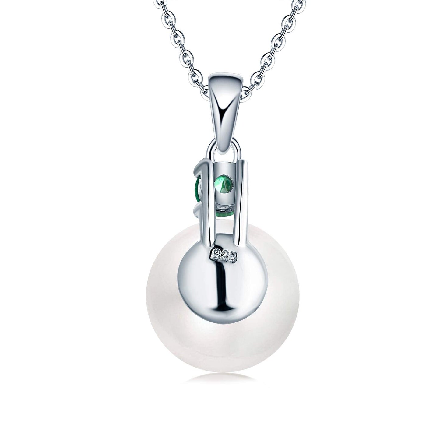 JO WISDOM Pearl Necklace,925 Sterling Silver Cubic Zirconia 10mm White Freshwater Pearl Pendant Necklace,Created Emerald May Birthstone Jewelry for Women