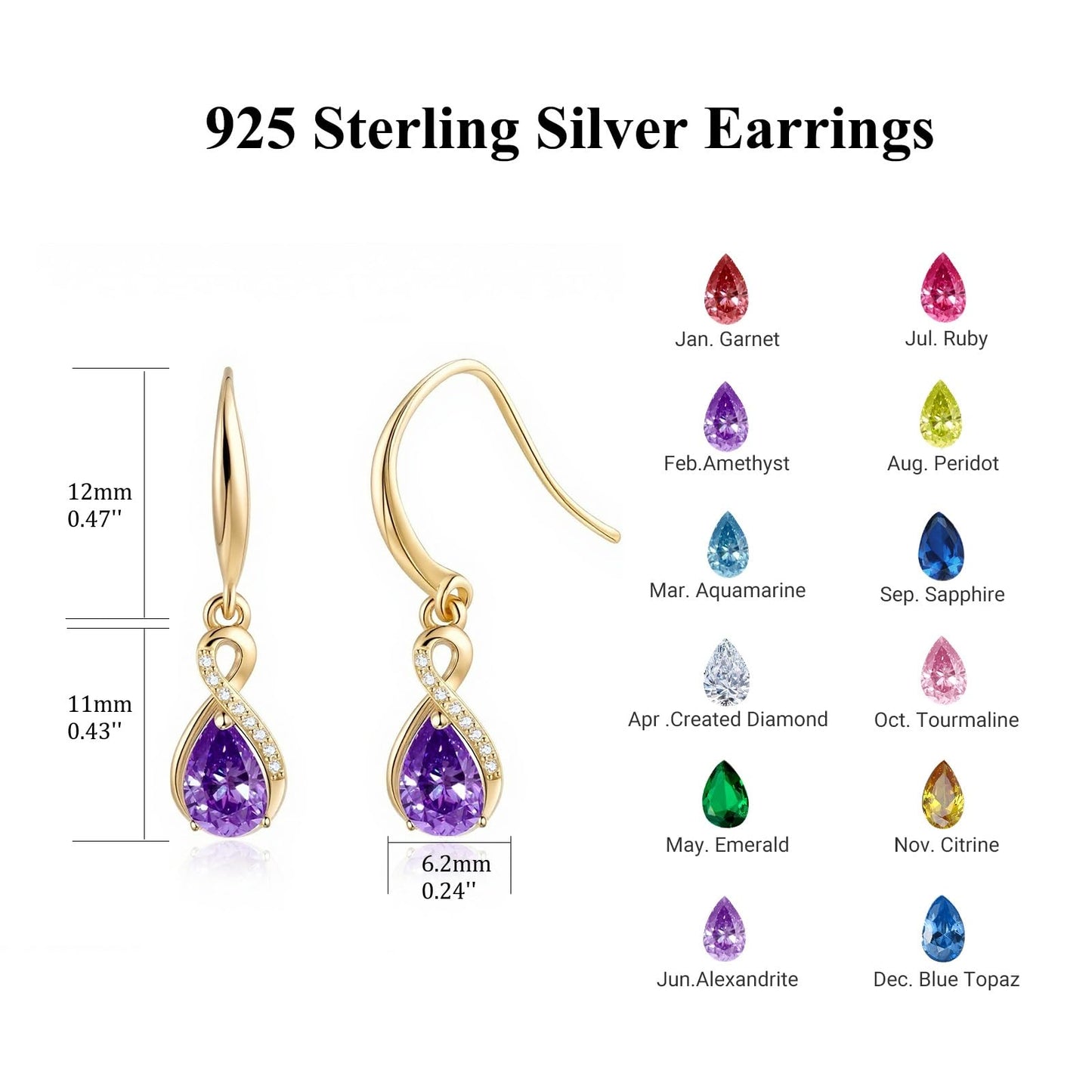 Infinity Birthstone Earrings 18K Gold Plated 925 Sterling Silver Teardrop Infinity Drop Dangle Earrings Amethyst Jewelry Birthday Gifts for Women Her Mother Wife