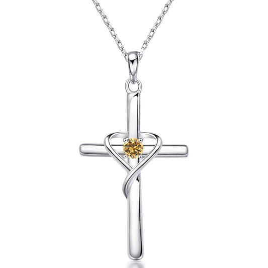 AmorAime 925 Sterling Silver Cross Necklace for Women Men 14K Gold Plated 5A CZ Birthstone Necklaces for Holiday (K.Orange-November-Topaz)