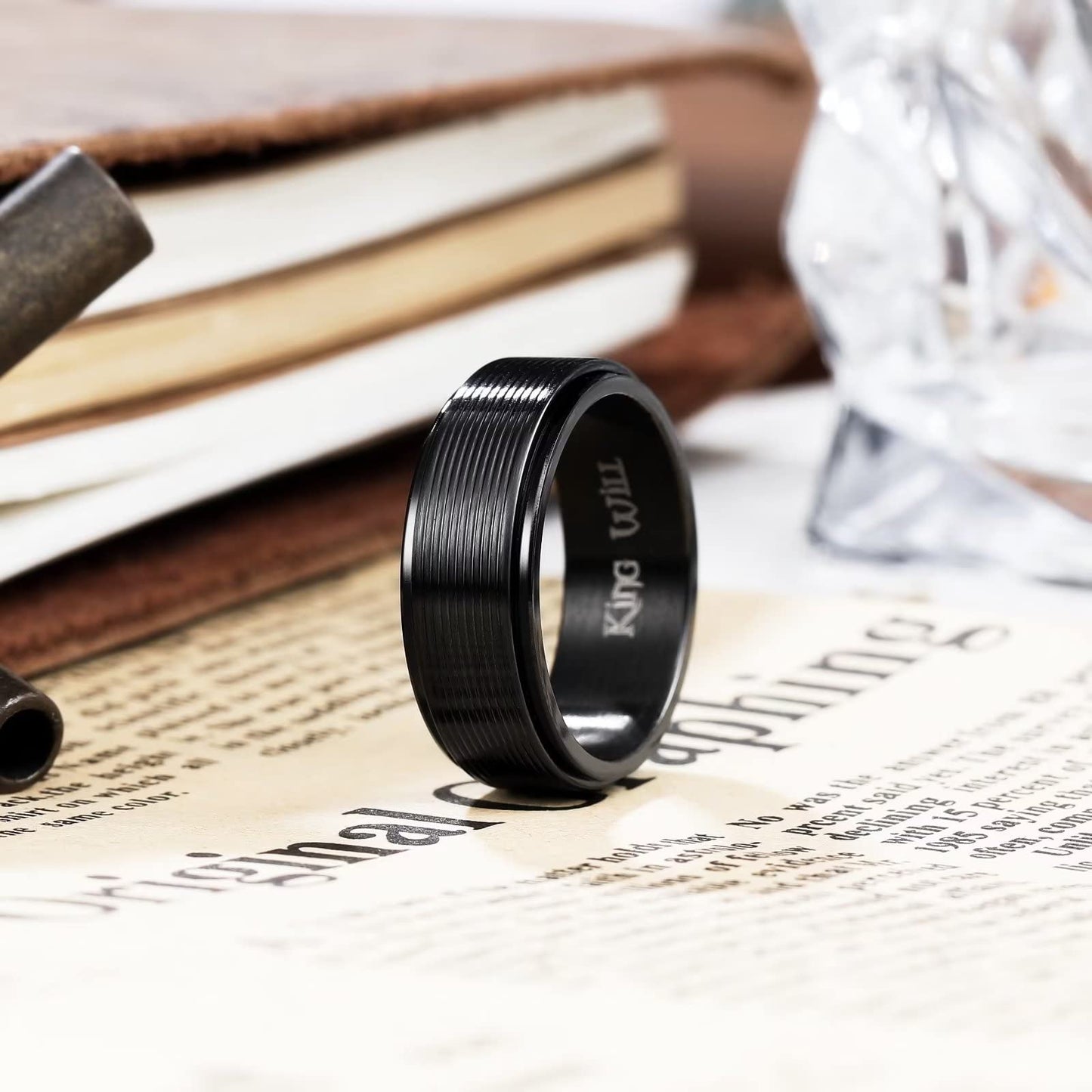 King Will Black Line Groove Mens Women 8mm Spinner Rings Stainless Steel Anxiety Fidget Ring for Women Men Polish Groove Wedding Band Fidget Ring Matte Brushed Comfort Fit 8
