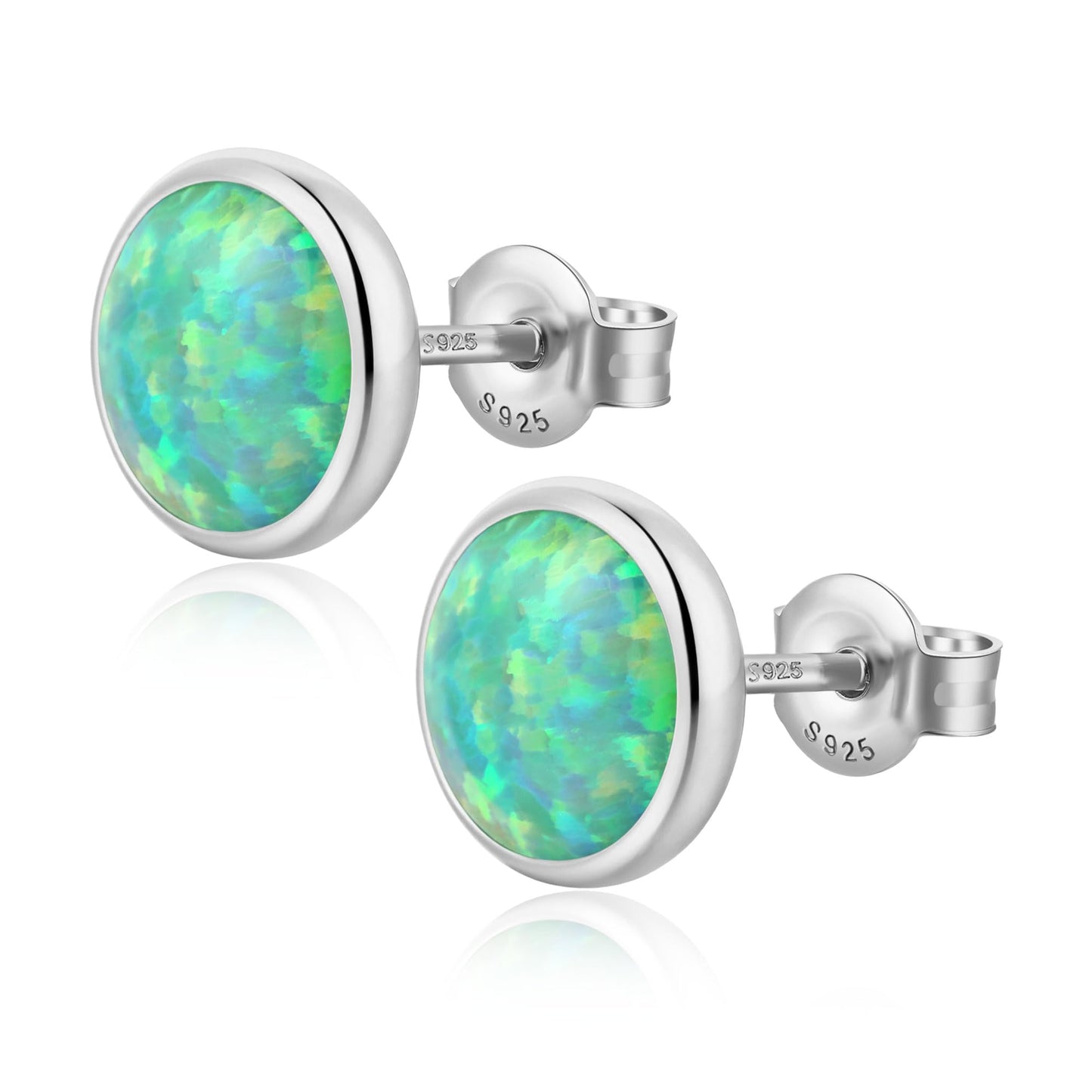 JiayangJY Silver Green Fire Opal Stud Earrings for Women Sterling Silver Round Shape 7mm Opal Earrings with Push Back