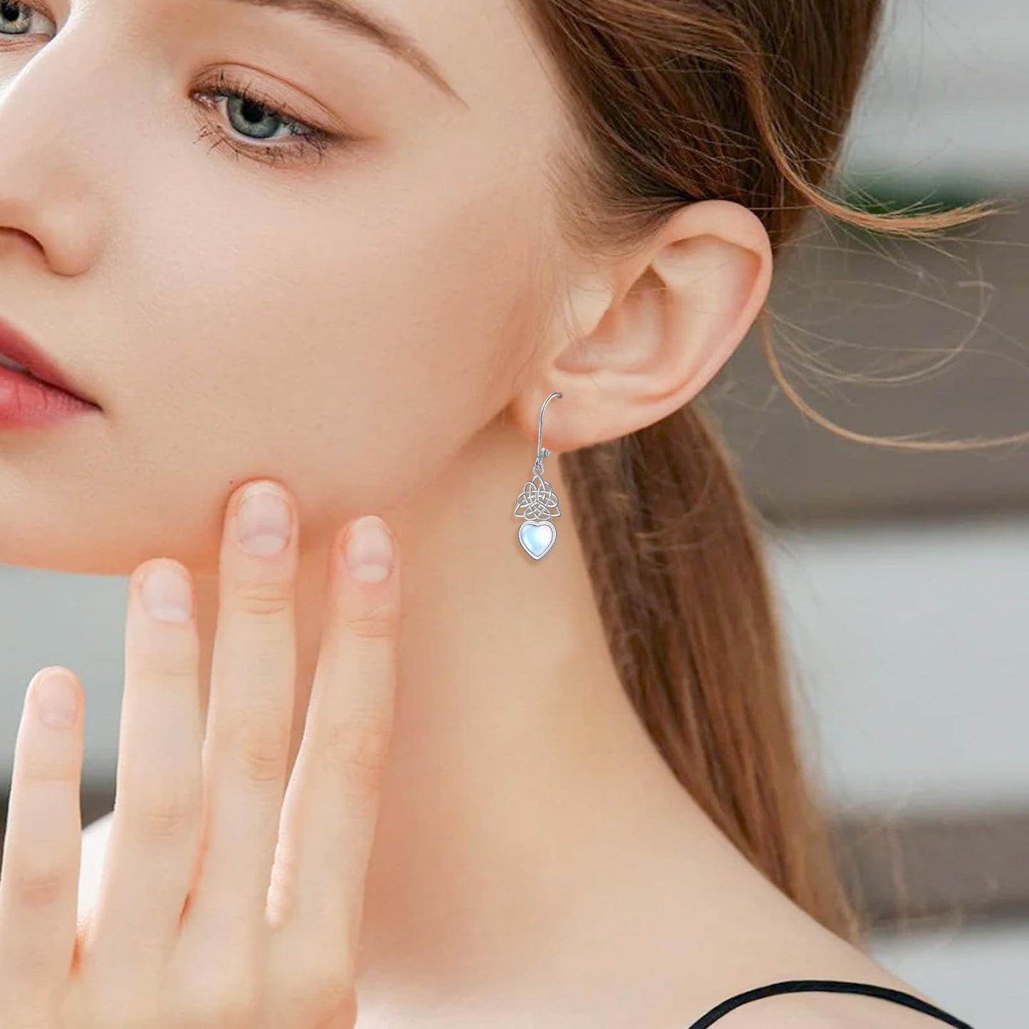 SHAOAN Celtic Knot Moonstone Dangle Drop Earrings 925 Sterling Silver Heart Irish Celtic Knot Leverback Earrings Jewelry Gifts for Women