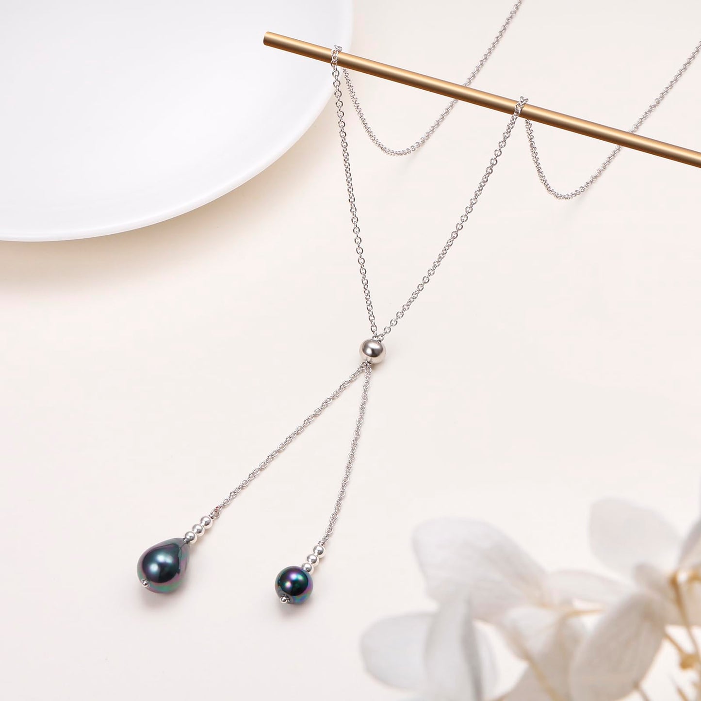 Long Black Pearl Necklaces for Women,Genuine 8-10mm Black Pearl with S925 Sterling Silver Dainty Necklace for Ladies Charm Jewelry Gifts for Mom Wife Love one