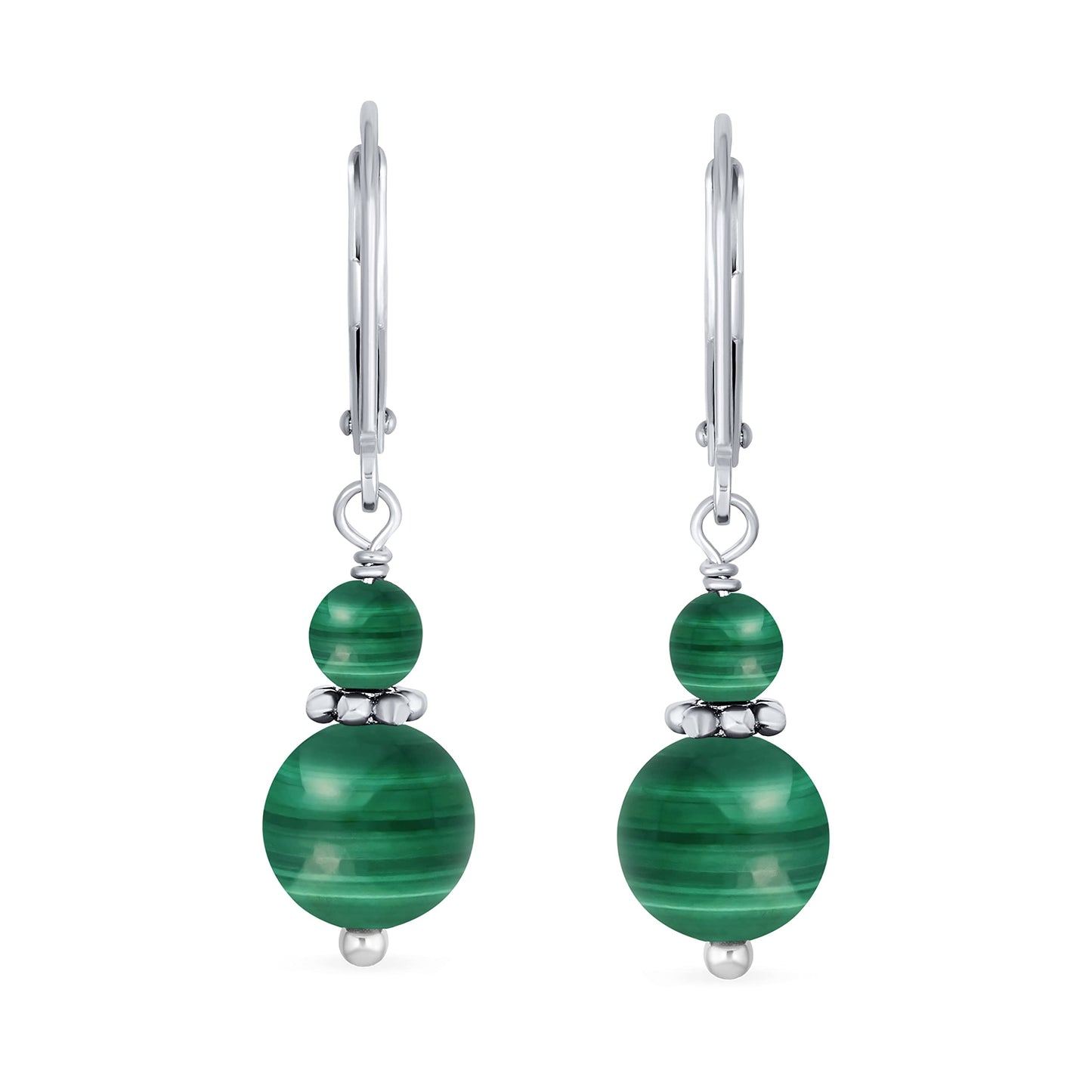 Bling Jewelry Bali Style .925 Sterling Silver Green Malachite Bead 3MM & 8mm Balls Drop Earrings Milgrain Rondel Separator Lever Back Genuine Gemstone