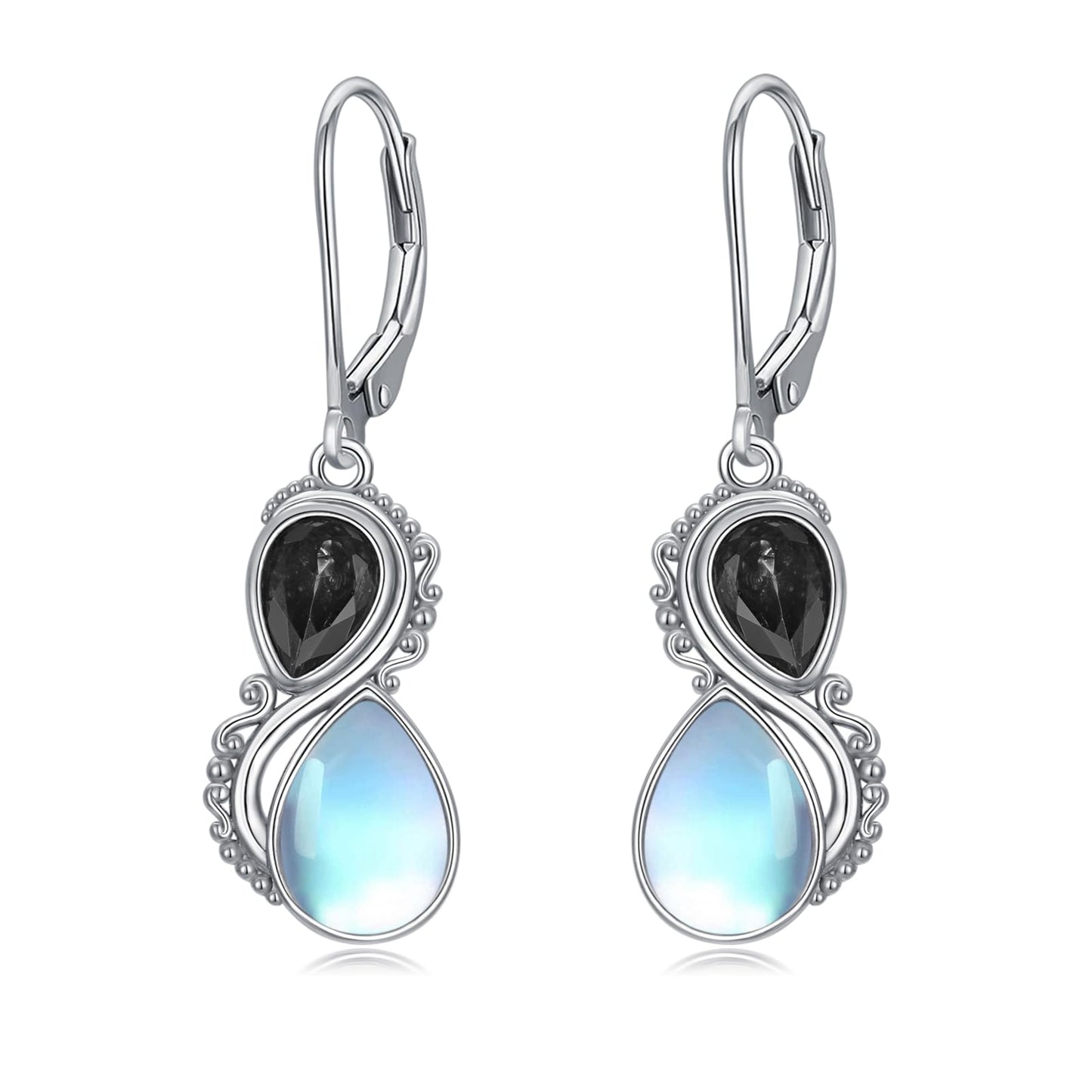 Moonstone Earrings 925 Sterling Silver Vintage Dangle Drop Leverback Earrings with Black Stone Jewelry Gifts for Women