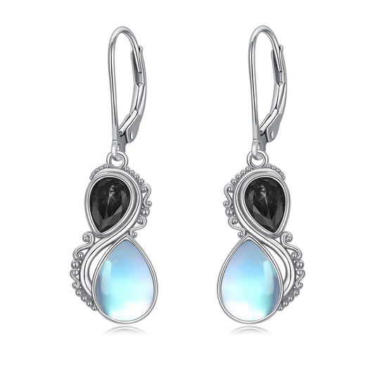 Moonstone Earrings 925 Sterling Silver Vintage Dangle Drop Leverback Earrings with Black Stone Jewelry Gifts for Women