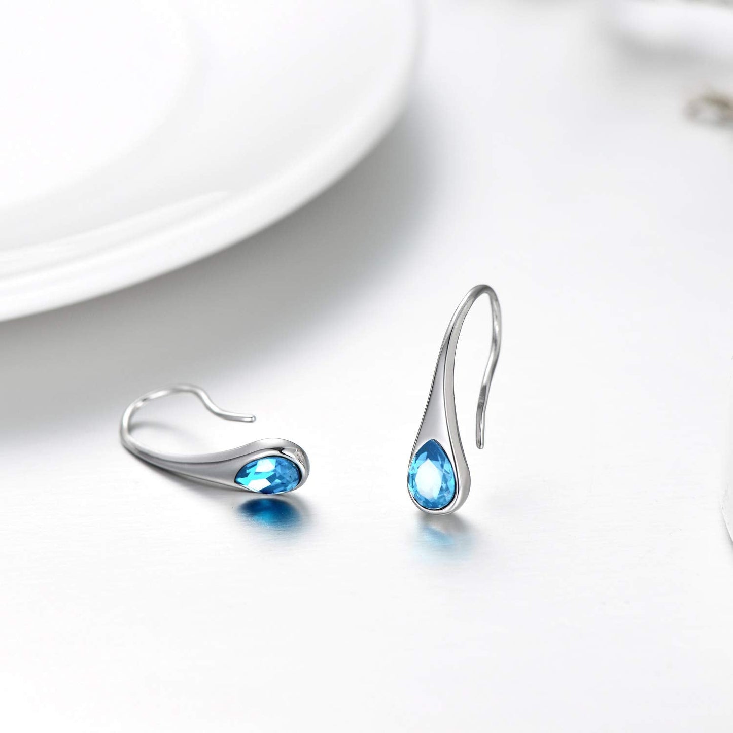 AOBOCO 925 Sterling Silver Small Pear-Shaped Modern Style Hook Dangle Drop Earrings for Women Crystals from Austria (Simulated Aquamarine)