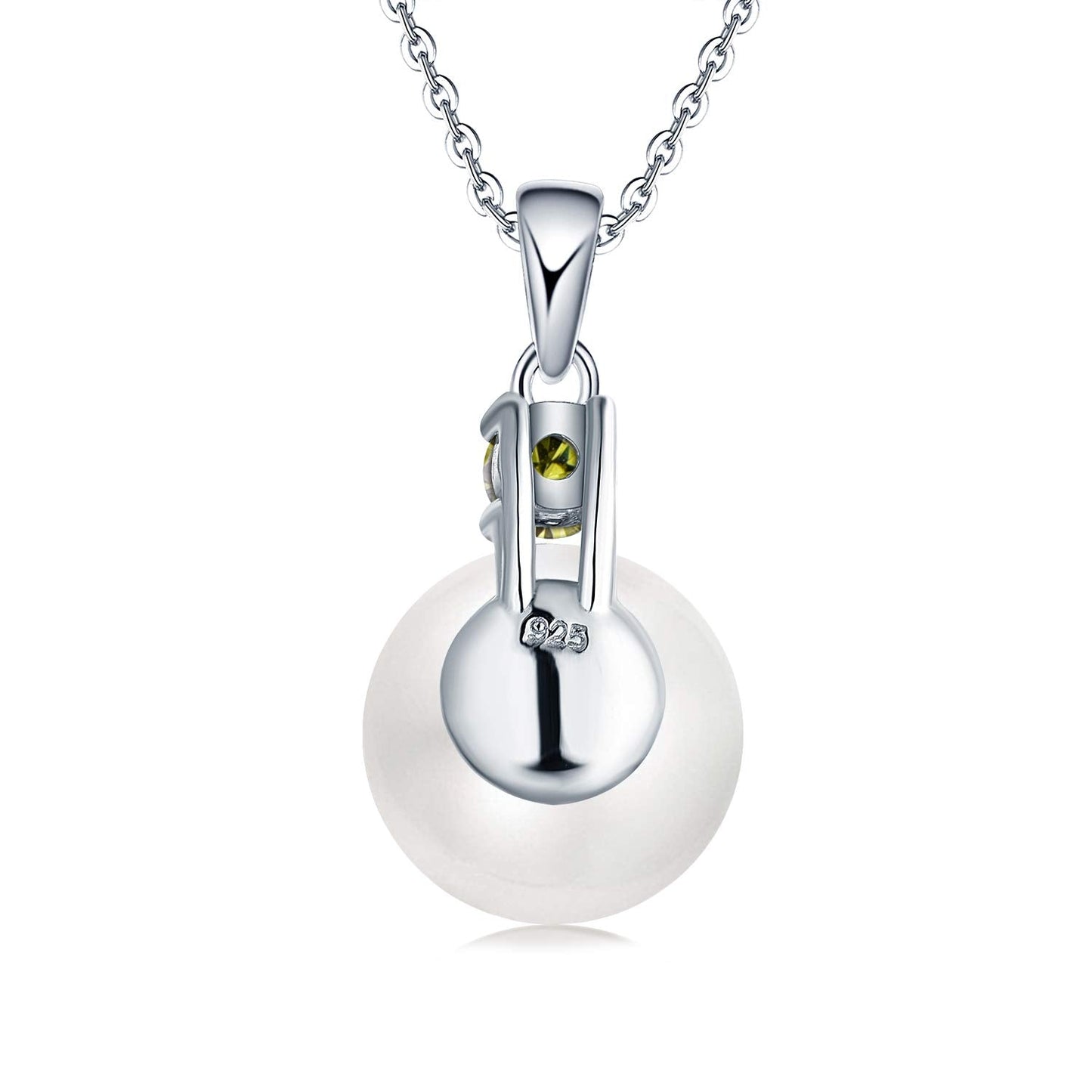 JO WISDOM Women Necklace,925 Sterling Silver Cubic Zirconia 10mm White Freshwater Pearl Pendant Necklace,August Birthstone Peridot Color