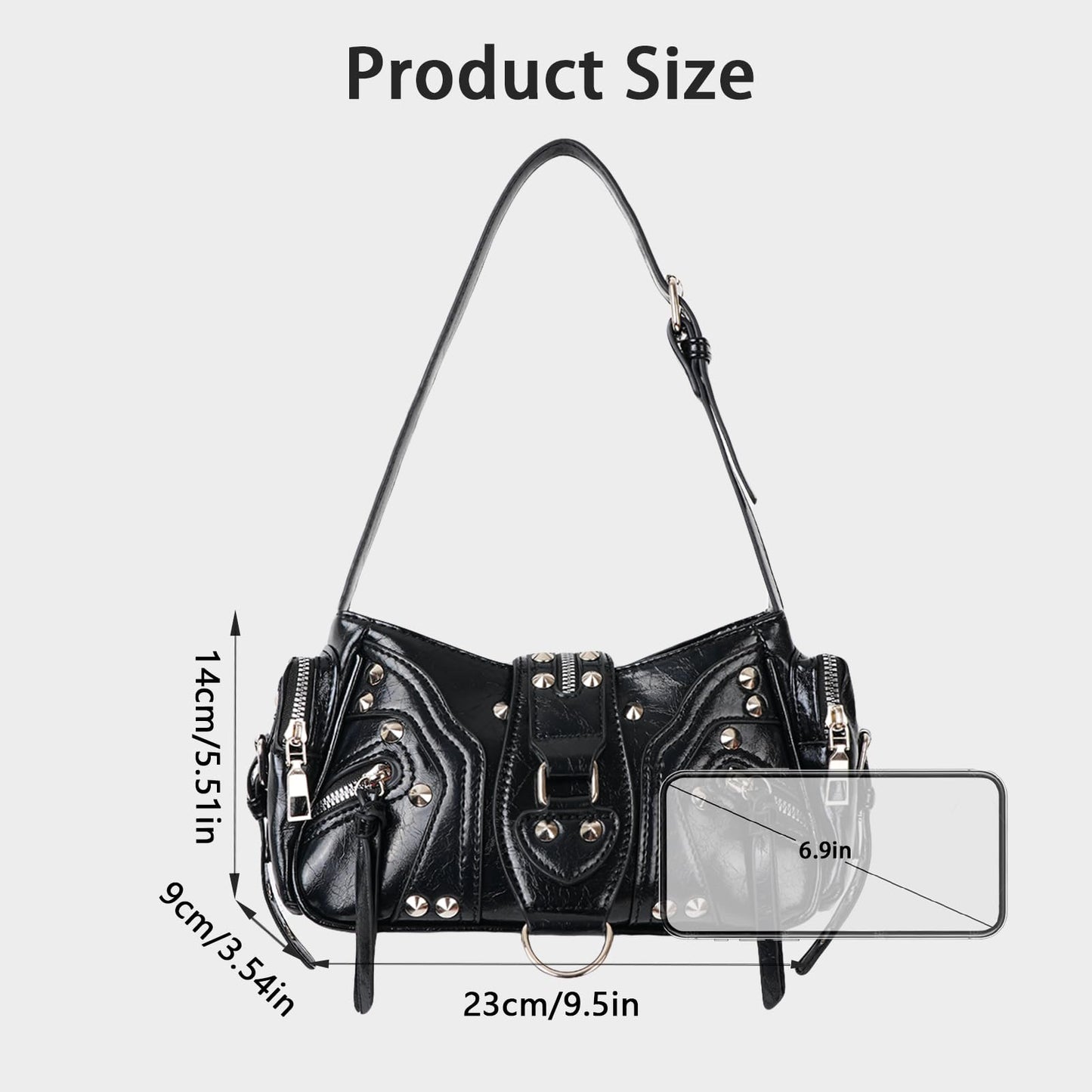 Aulenge Y2k Shoulder Bag for Women Small Studded Black Purse Y2k Mini Purse for Women Shoulder Bag Trendy PU Leather Goth Purses Punk Grunge Accessories Handbag