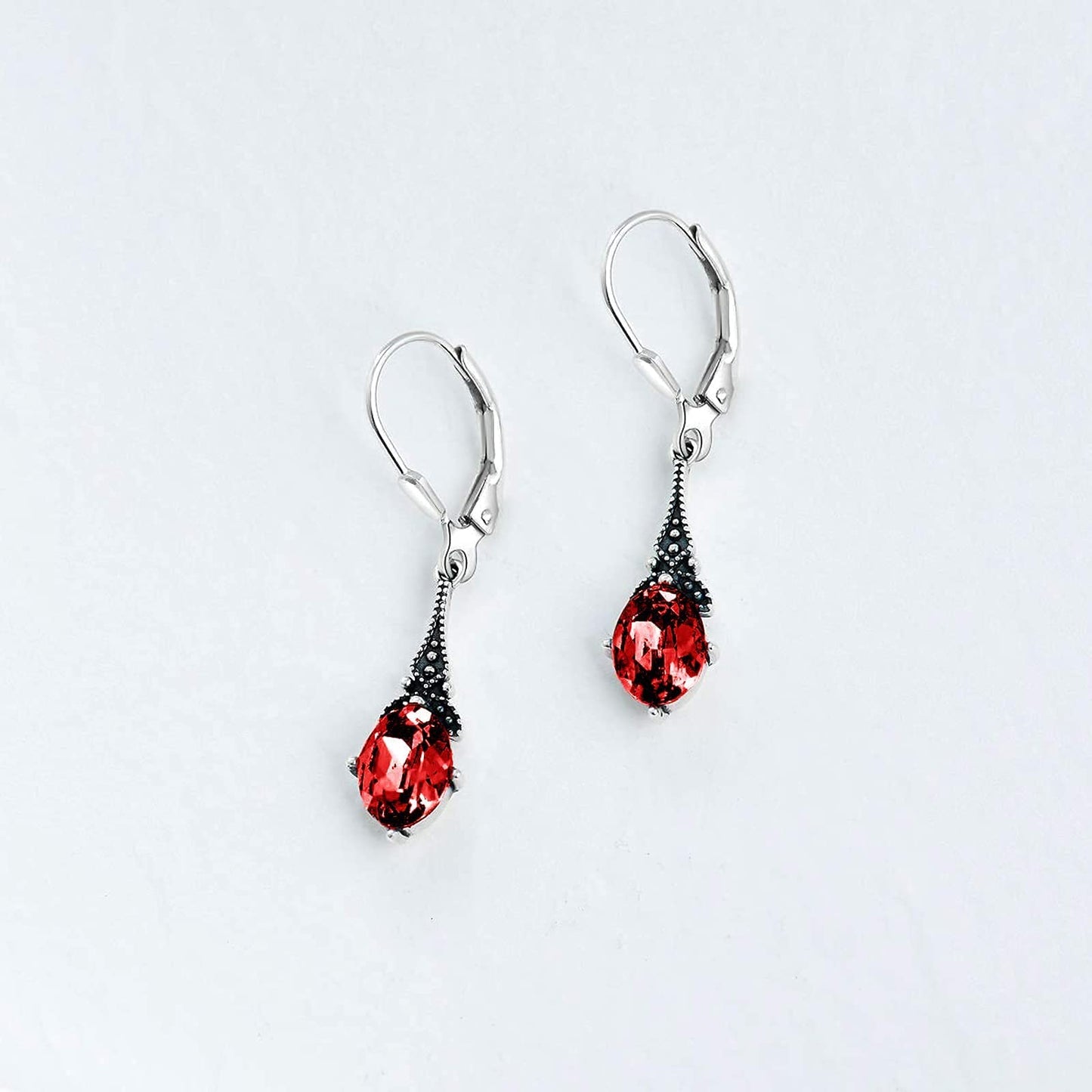 Vintage Leverback Ruby Earrings Sterling Silver Retro Drop Earrings with Oval Red Simulated Birthstone Crystal from Austria, Earrings Gifts Birthday Jewelry for Women