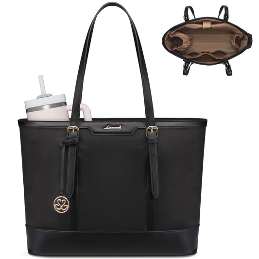 LOVEVOOK Work Tote Bag for Women 15.6 Inch Laptop Computer Bags with Cup Holder, Large Teacher Bag Briefcase for Business Office Travel Black, Nylon&PU