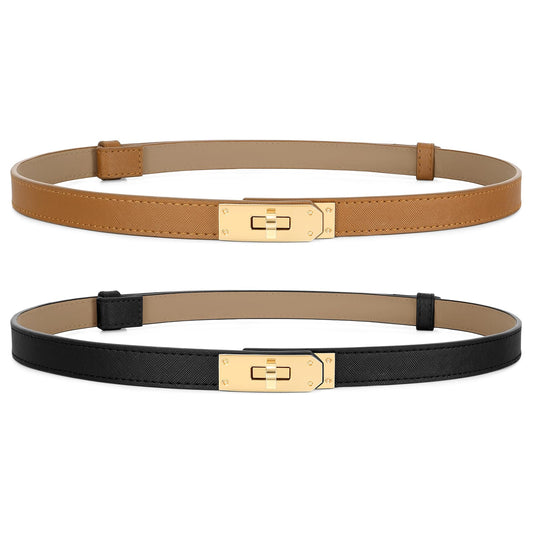 Women Skinny Leather Belt for Dresses Jeans Coats Solid Color Alloy Turn Lock 2 Pack Adjustable Thin Waistband