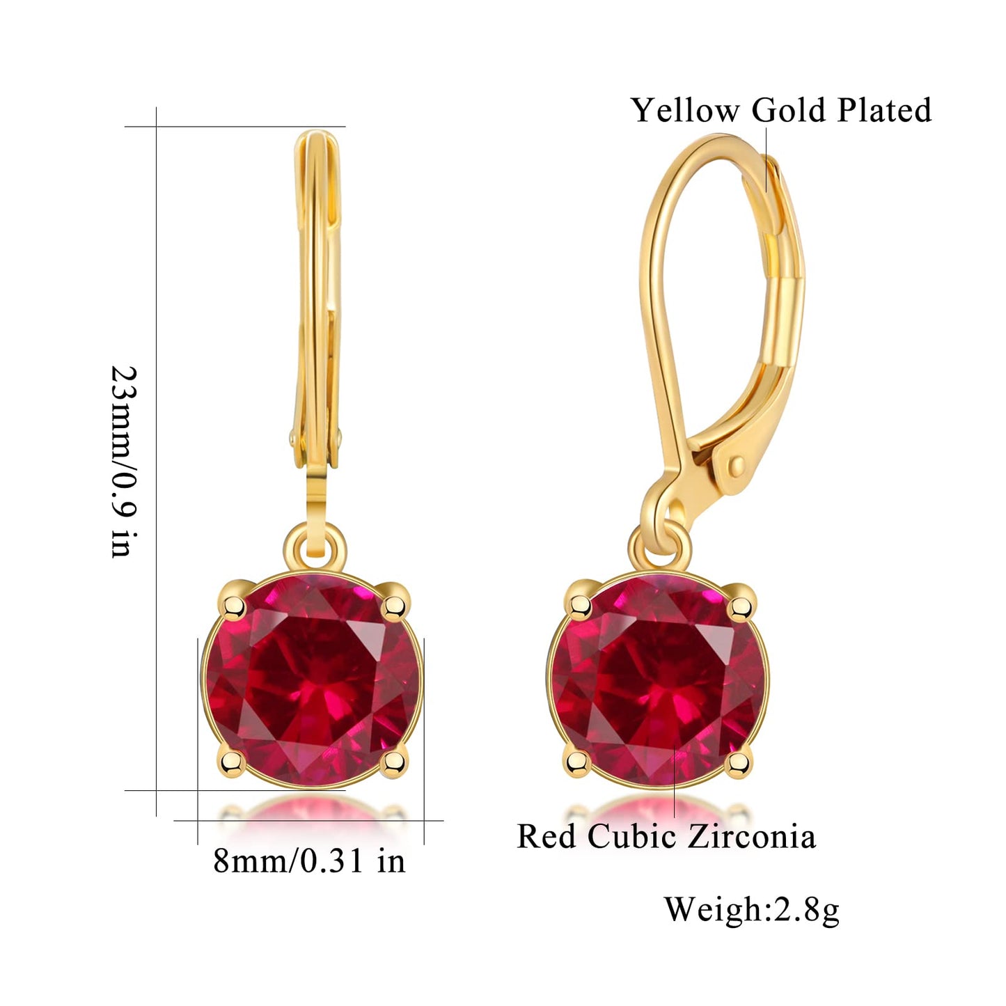 CiNily Leverback Dangle Earrings for Women Ladies Red Cubic Zircon Pendant Earrings 14K Gold Plated Hypoallergenic Crystal Drop Earrings for Sensitive Ears Jewelry 8 mm