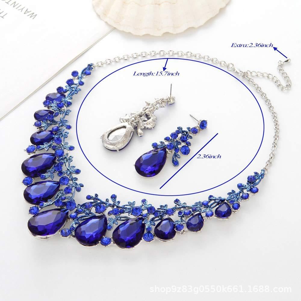 Qlavoca Vintage Crystal Teardrop Necklace Earrings Set - Gothic Statement Jewelry for Wedding Bridal Prom Party(Royal Blue Gold-Tone)