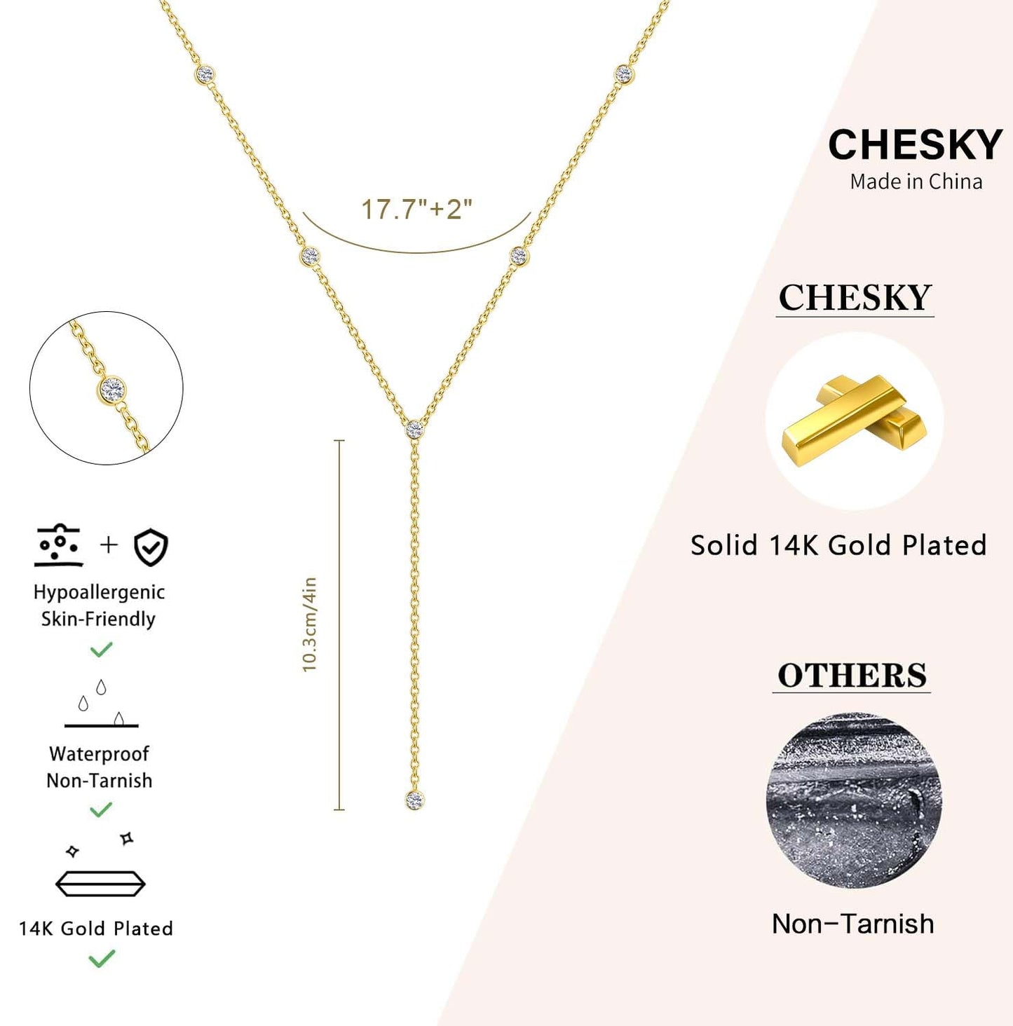 CHESKY Lariat Gold Necklace for Women, Dainty Long Necklace 14k Gold Plated Y-Shaped Pendant Necklace Trendy CZ Chain Drop Necklaces Simple Gold Jewelry for Women Gifts