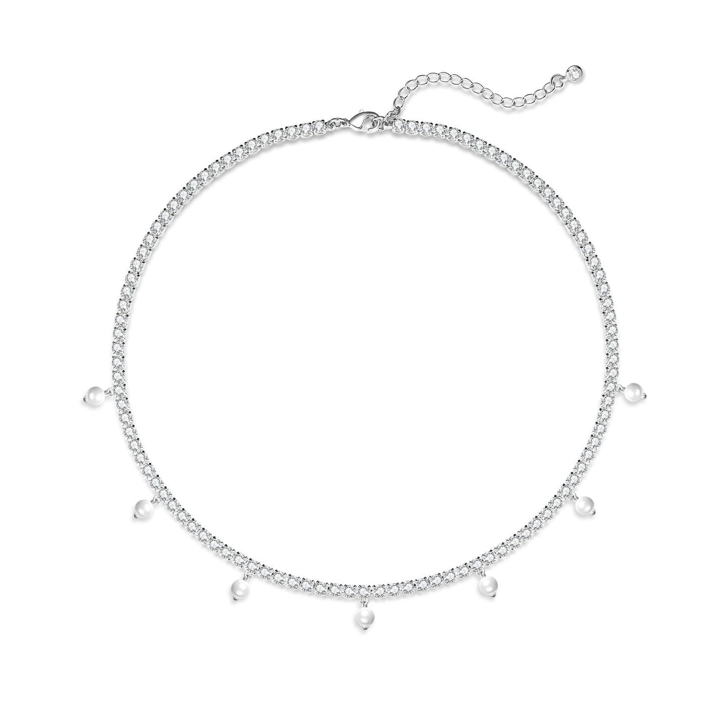 LULII Tennis Necklaces for Women Silver Rhinestone Choker Pearl Charm Necklace Dainty Cubic Zirconia Diamond Chain for Women Silver Jewelry Gift