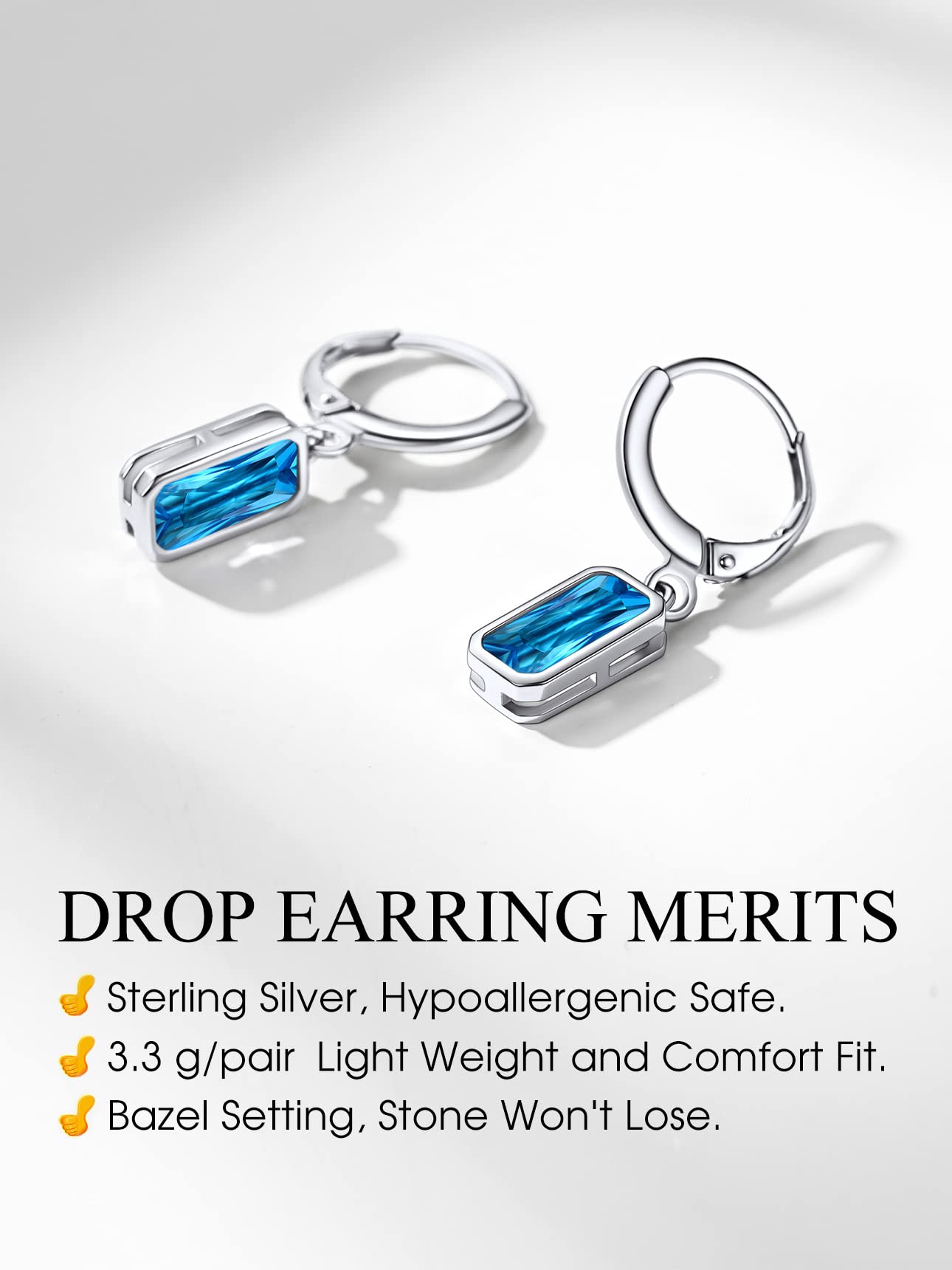 Bestyle Created Blue Topaz Drop Birthstone Earrings for Women Girls - Small Silver Baguette Dangle Earrings for Sensitive Ears