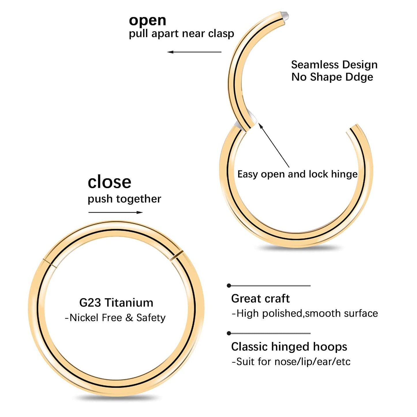 BOGKU 6pcs G23 Titanium Hinged Nose Rings Hoop 20 Gauge 6mm Nose Septum Clicker Segment Rings Cartilage Conch Tragus Helix Rook Hoop Earring Body Piercing Jewelry