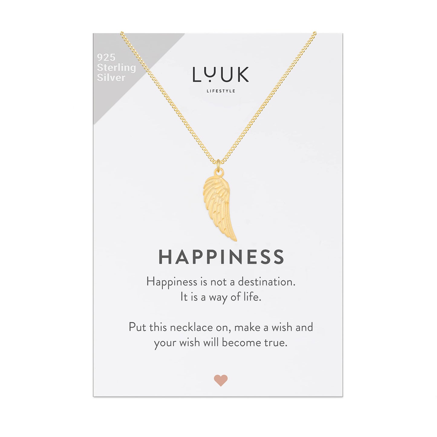 LUUK LIFESTYLE Necklace with angel wings pendant and HAPPINESS gift card, 925 sterling silver, fashion jewelry for everyday life, beach, water resistant, trendy boho design, 19” chain length, gold