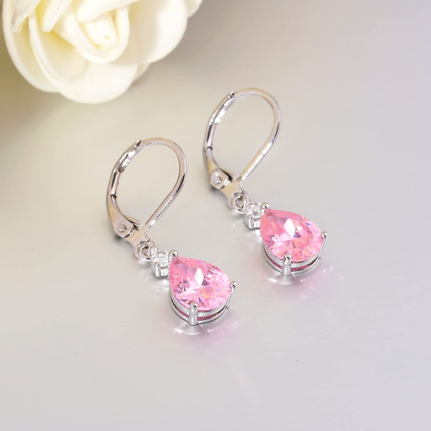 CiNily Leverback Dangle Earrings for Women 14K White Gold Plated Drop Earrings Pink Cubic Zircon Fashion Teardrop Hoop Earrings Hypoallergenic Jewelry for Sensitive Ear