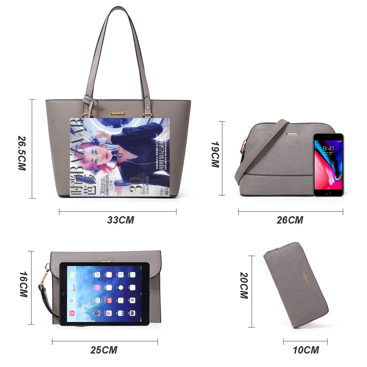 Women Fashion Synthetic Leather Handbags Tote Bag Shoulder Bag Top Handle Satchel Purse Set 4pcs