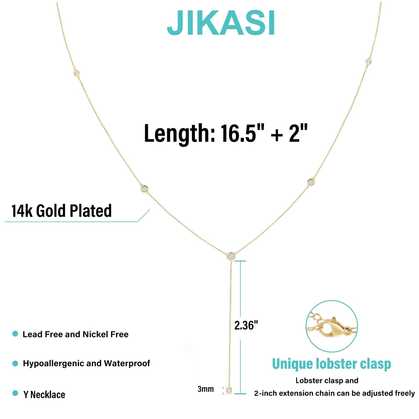 JIKASI Dainty Gold Necklaces for Women, Gold Long Necklace 14K Gold Plated CZ Drop Prom Bead Lariat Drop Chain Necklace Y-Shaped Station Chain Choker Trendy Wedding Jewelry Gifts