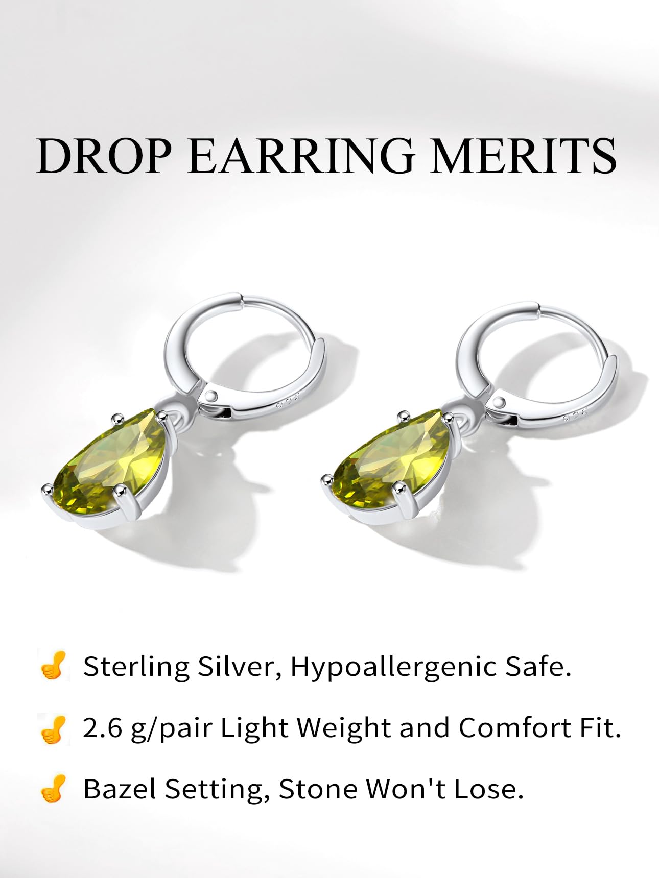 Bestyle Silver August Birthstone Drop Dangle Earrings - Created Peridot Teadrop Earrings for Women - Dainty Cute Small Silver Huggie Hoop Dangle Earrings for Birthday Wedding Party Gowns