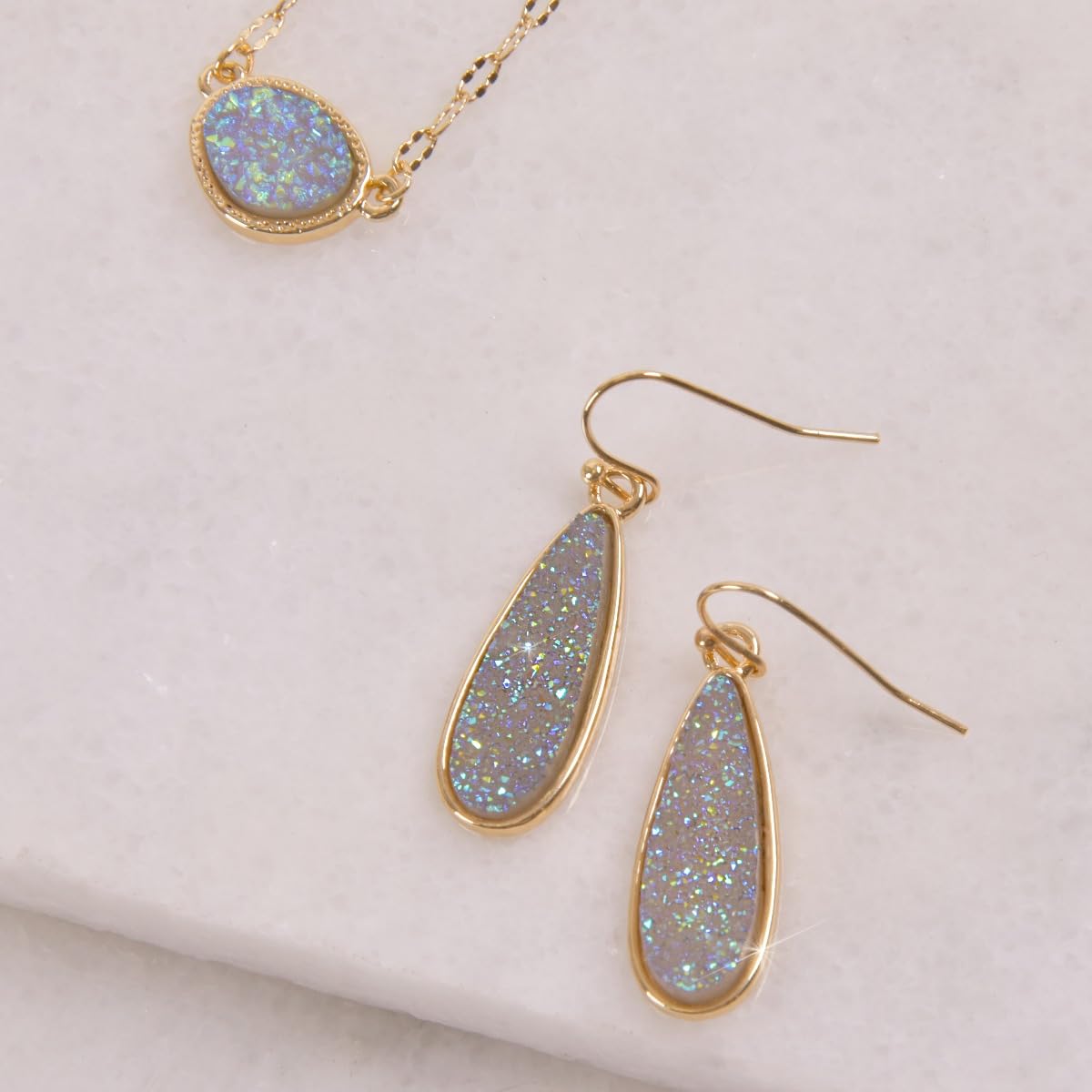 Light Blue Earrings for Women Dangle - Blue Dangle Earrings for Women, Simulated Druzy Stone Gold Tone Dangling Teardrop Jewelry, Sparkly Elegant Long Tear Drops with Boho Dangly Stone
