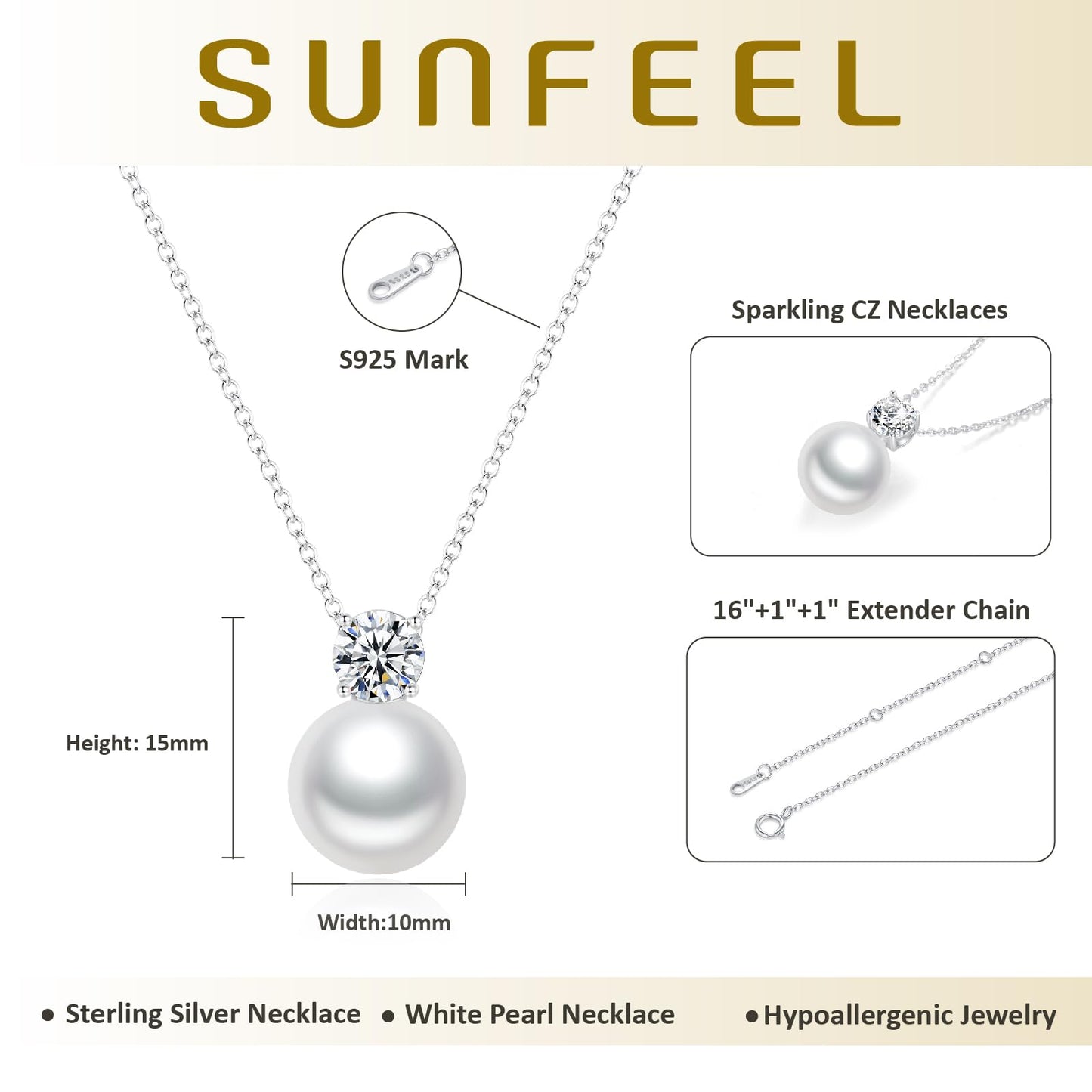 SUNFEEL 925 Sterling Silver Pearl Necklaces for women, 5A CZ 10MM Single Pearl Pendant Necklace Gifts for Her Mom Wife Girlfriend Engagement Wedding Birdal Christmas Trendy Jewelry