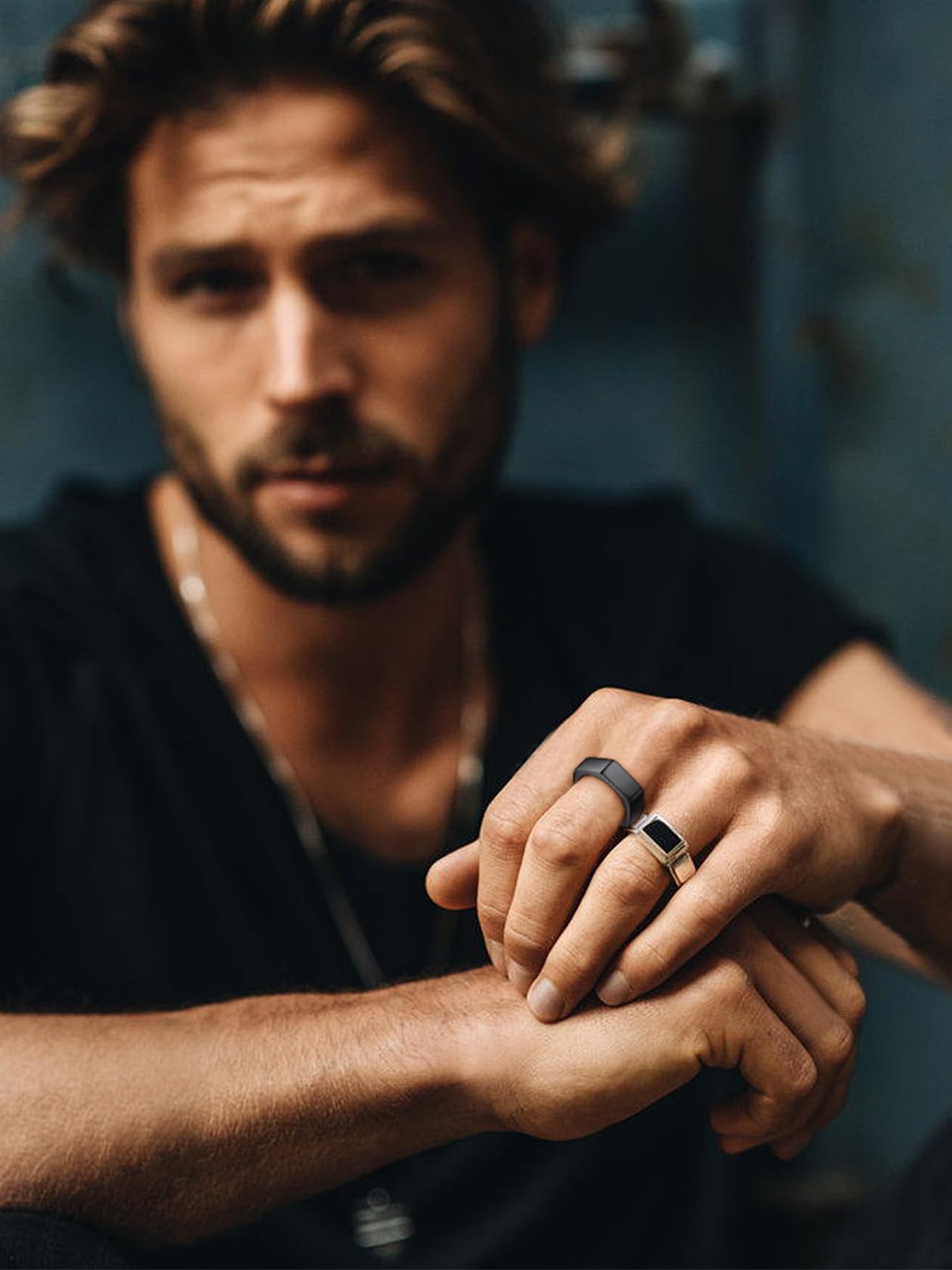 ChainsHouse Personalized Engravable Stainless Steel Black Hexagon Geometric Biker Ring Bands, Size 14