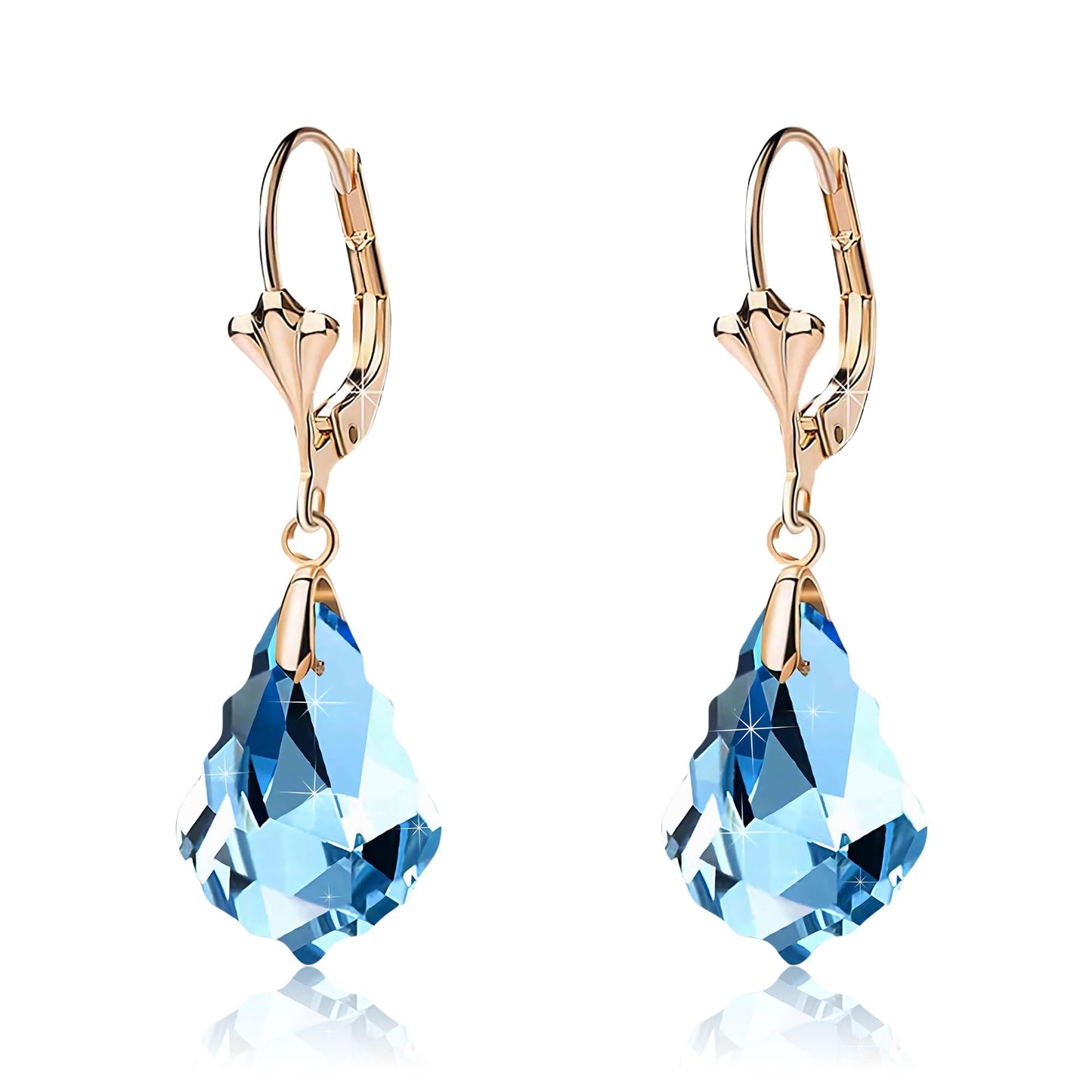 Austrian Crystal Baroque Drop Leverback Earrings for Women Fashion 14K Gold Plated Hypoallergenic Jewelry (Aquamarine)