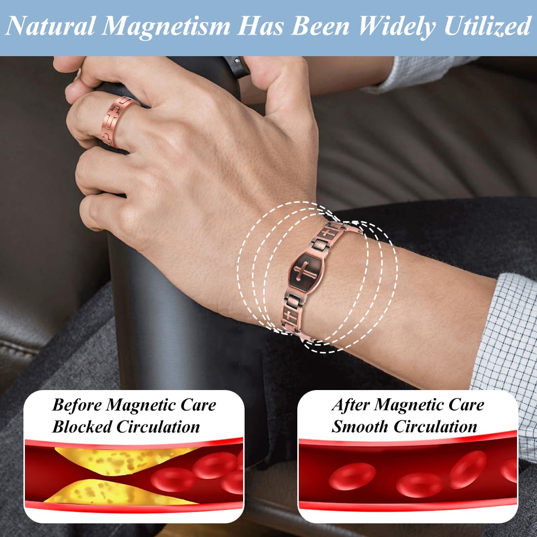 Vicmag Men Copper Bracelet Double Row 100% Solid Pure Copper Jewelry Gift with Adjustment Tool