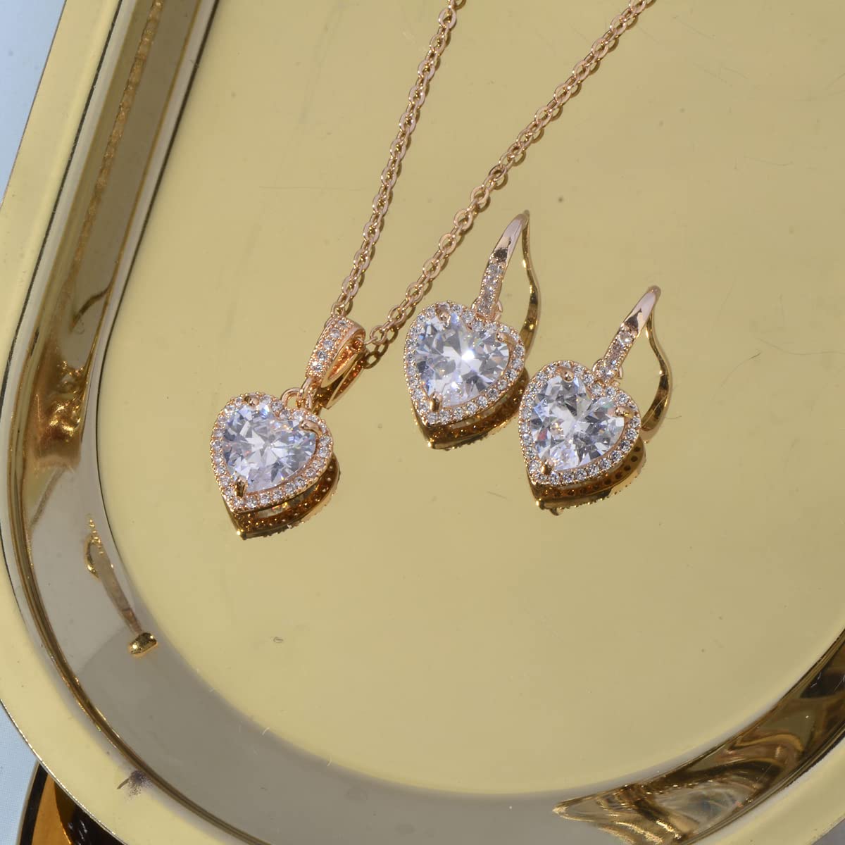 Mycitta Bridal Jewelry Set for Women - 925 Sterling Silver Dainty Small Love Heart Shape CZ Crystal Cubic Zirconia Rhinestone Necklace Earrings Set for Wedding Party Prom Gold Tone