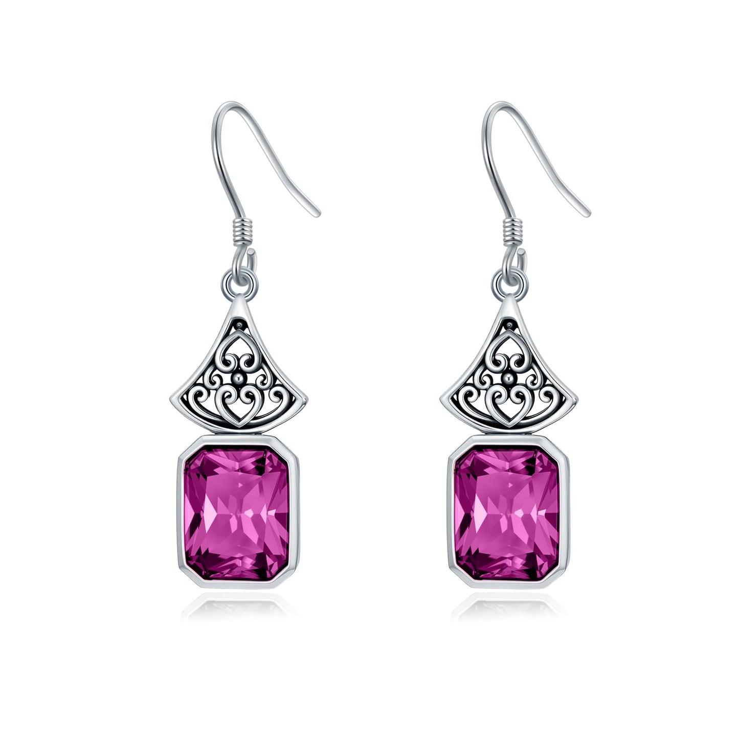 Vintage Earrings 925 Sterling Silver Oxidized Dangle Drop Earrings with Emerald Cut Pink Crystal October Birthstone Anniversary Jewelry Gifts for Women