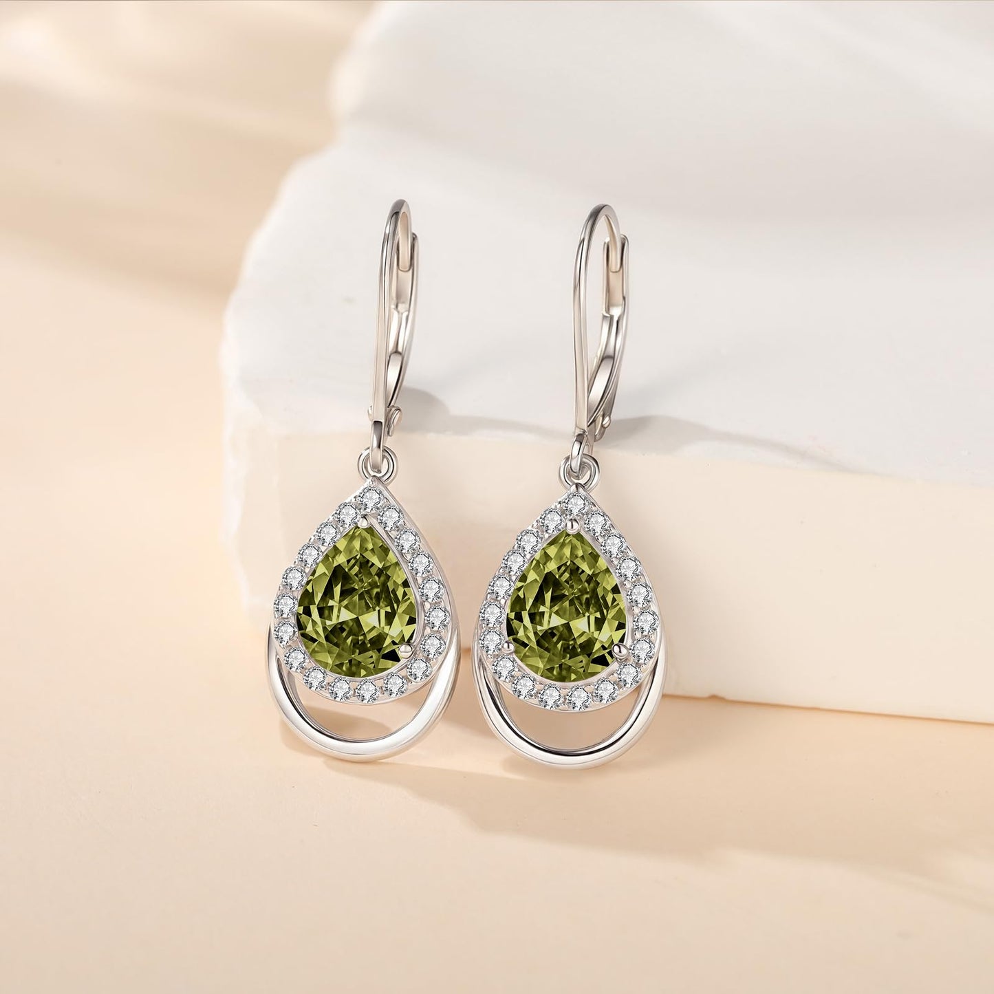 Peridot Earrings Sterling Silver Teardrop Birthstone Dangles Green 5A Cubic Zirconia Drop Jewelry Christmas Gifts for Women