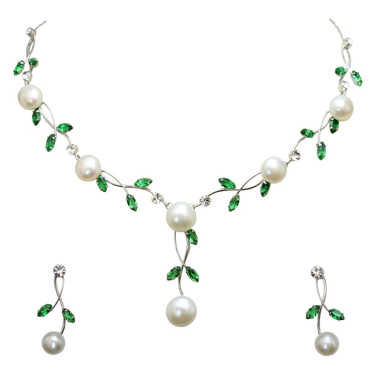 Faship Green CZ Crystal Genuine Freshwater Pearls Floral Necklace Earrings Set - Green