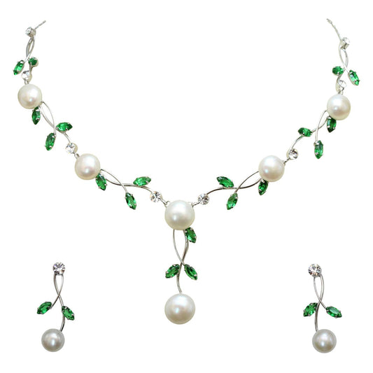 Faship Green CZ Crystal Genuine Freshwater Pearls Floral Necklace Earrings Set - Green