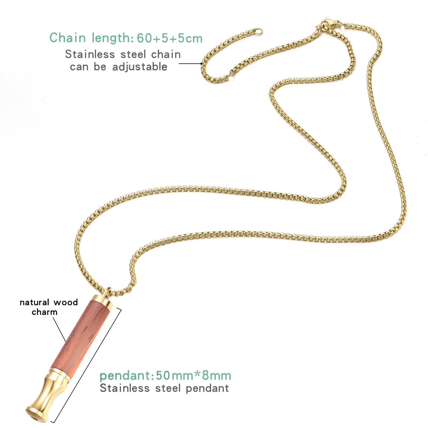 BOLAGTIER Mindful Breathing Necklace: Natural Wood Fidget Charm for Anxiety Relief & Quit Smoking Aid, Stainless Steel Sensory Pendant to Calm Your Mind (Gold)