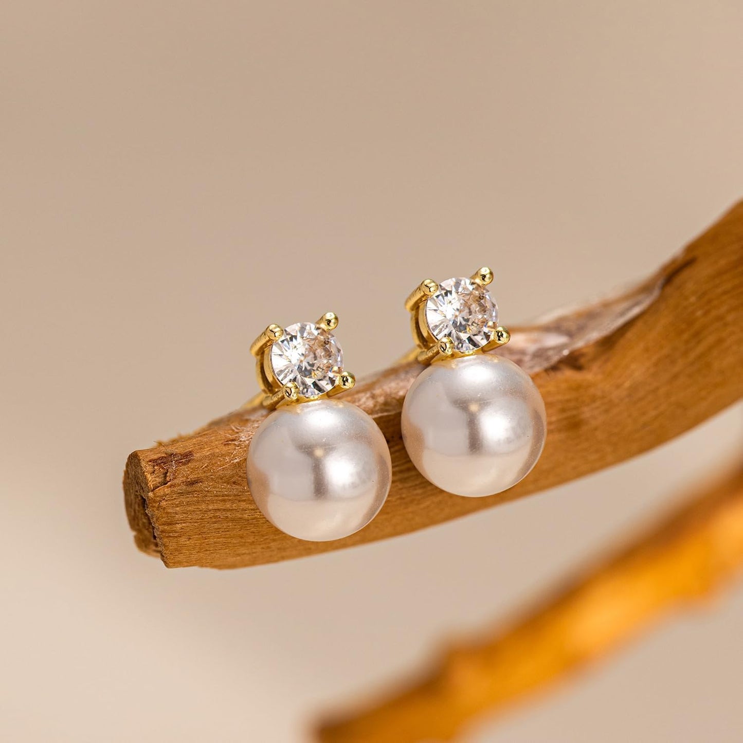 PRTGL Pearl Earrings - 14K Gold Plated Pearl Cubic Zirconia Wedding Earrings for Brides Bridesmaid Women