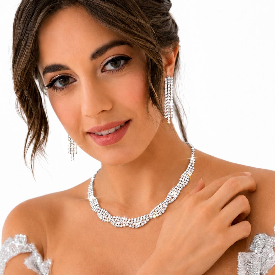 Brishow Bridal Choker Necklaces Set Silver Wedding Jewelry Sets Formal Rhinestone Necklace and Earring Set for Women (silver)