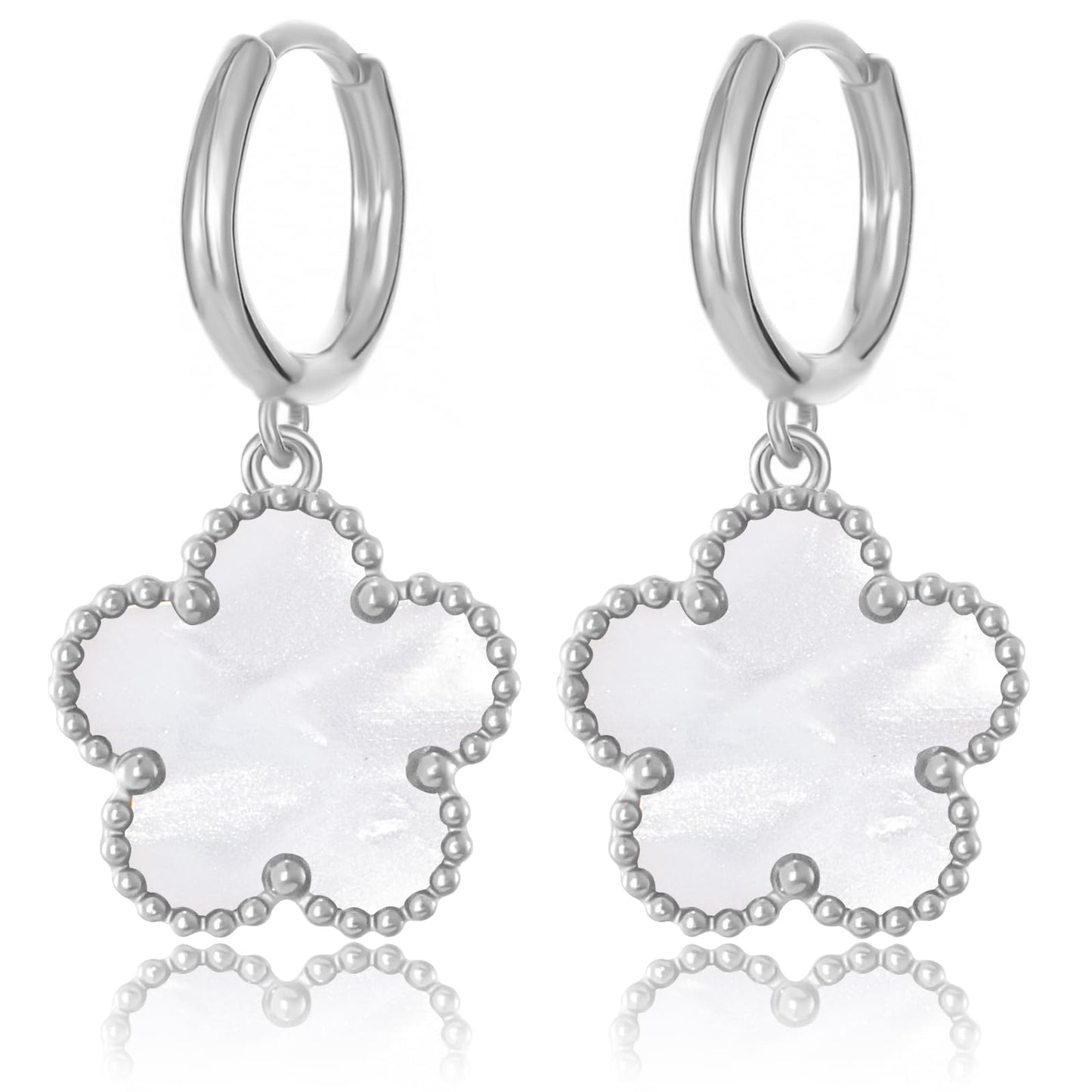Gold Plated Five Leaf Clover Dangle Earrings for Women Lucky Flower Jewelry (White-White Gold Plated)